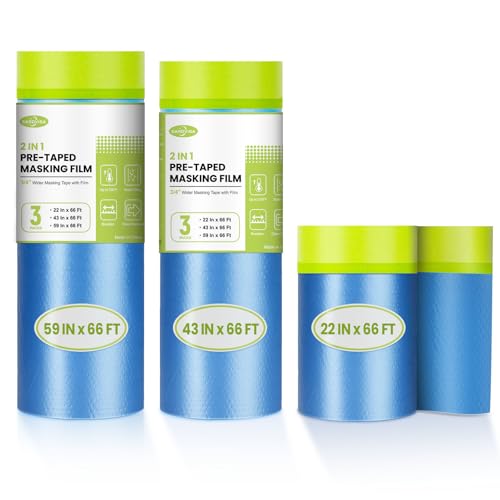 SARDVISA 3 Rolls Pre-Taped Masking Film for Painting, 59/43/22 in * 66 FT - size: 3 Rolls