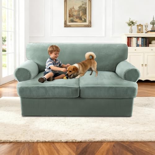 Sofa Cover 3 Piece T Cushion Loveseat Covers for 2 Cushion Couch Thick Velvet Couch Cover Stretch Furniture Covers with 2 Individual T Cushion Covers, Washable (2 Cushion Loveseat, Sea Grass) - color: Sea Grass, size: Loveseat (2 Cushion)