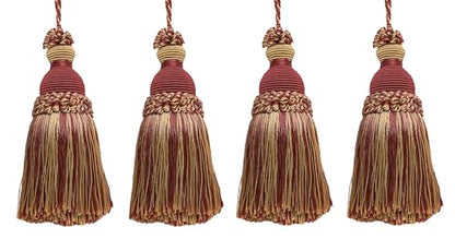 DÉCOPRO Beautiful Hand-Crafted 5" (12.5cm) Key Tassel, 3 1/2" (8.5cm) Loop # IKTJ, Burgundy Gold #1253 (Carmine Red, Yellow Gold, Dark Red) Set of 4 - color: Burgundy Gold #1253 (Carmine Red, Yellow Gold, Dark Red), size: Set of 4