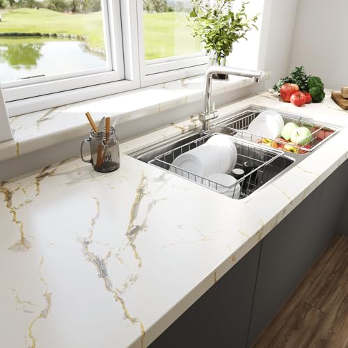 LACHEERY Thick White Marble Peel and Stick Wallpaper White and Gold Wallpaper for Kitchen Accent Wall Paper Counter Cover Peel and Stick Countertop Contact Paper Waterproof Matte Marble Roll 12"x160" - size: 12" x 160"