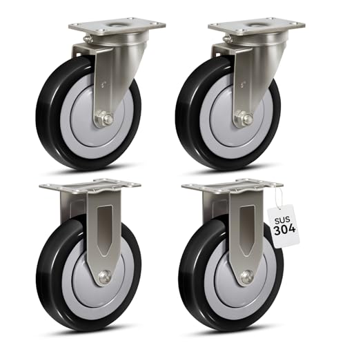 5" Stainless Steel Casters Set of 4 Heavy Duty, Swivel Industrial Caster Wheels, Anti-Corrosion Rust-Proof Plate Polyurethane Casters for Hospitals Food Labs (2 Swivel& 2 Rigid) - style: 2 Swivel&2 Rigid