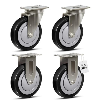 5" Stainless Steel Casters Set of 4 Heavy Duty, Swivel Industrial Caster Wheels, Anti-Corrosion Rust-Proof Plate Polyurethane Casters for Hospitals Food Labs (2 Swivel& 2 Rigid) - style: 2 Swivel&2 Rigid