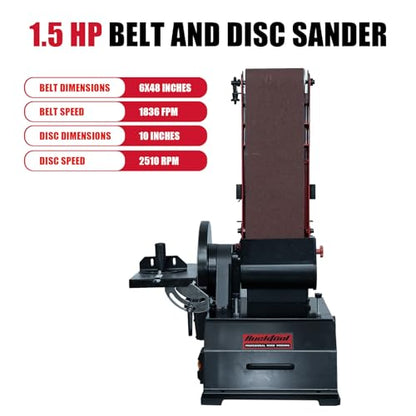 BUCKTOOL 1-1/2HP Bench Belt Disc Sander for Woodworking,6x48" Belt,10" Disc - size: 1.5 HP & 6" x 48"