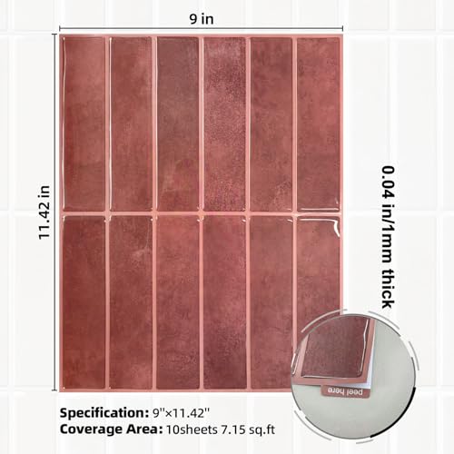 Peel and Stick Backsplash Tile for Kitchen, 10 Sheets, 11.42''x9'' - color: Wine Red