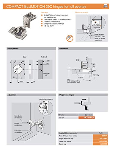Blum 39C355B.25 Compact BLUMOTION 39C Hinge, Soft-Close, 110 Degree, 1-9/16 Overlay (2)