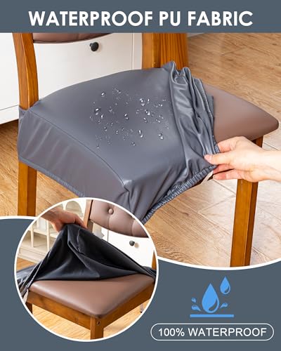 Genina Dining Chair Covers Set of 2, Waterproof PU Leather Dining Seat Covers Stretch Wipeable Dining Room Seat Cover Kitchen Chair Slipcover Protector (Rear-Covered Design, Charcoal Gray) - color: Charcoal Gray, size: Rear-Covered 2PCS