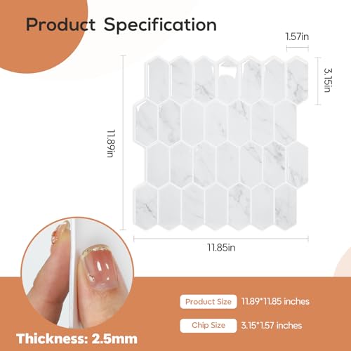 Vamos Tile Upgraded Thicker Design Backsplash Tile Peel and Stick, 10-Sheet Grey Marble Long Hexagon Self Adhesive Wall Tiles Stick On Backsplash for Kitchen Bathroom RV Fireplace