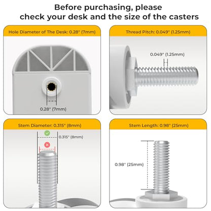 JOY Worker M8 Threaded Stem Casters 2.5" Lockable Wheels Set of 4, White - color: White