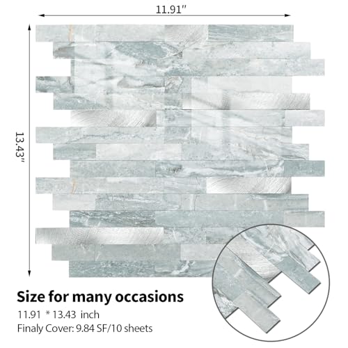 Yipscazo 5 Sheets Peel and Stick Stone Metal Tile Backsplash, Stick on Tiles for Backsplash Kitchen, Bathroom, Laundry Room, Camper, Fireplace (12'' X 12'', Polished Cyan) - color: Polished Cyan