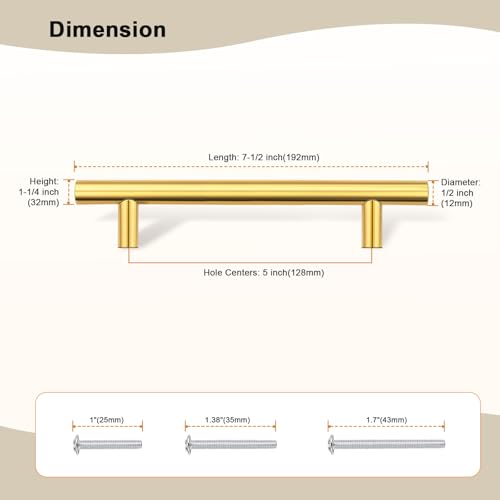 Gobrico 5 Pack 5" Hole Centers (128mm) Gold Cabinet Handles - color: Gold, size: 5 Inch Hole Center