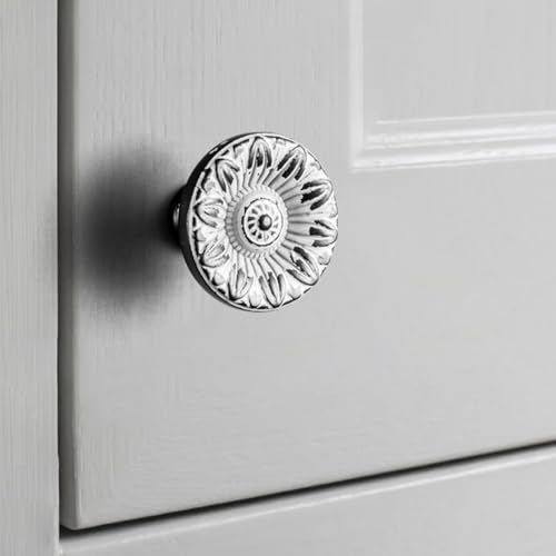 6 Pack Distressed Black & Cream Cabinet Knobs, Floral Drawer Pull - color: Distressed Black & Cream