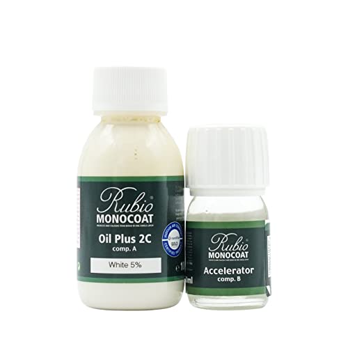 Rubio Monocoat Wood Stain & Finish 65 ft² | Oil Plus 2C | Quick-Dry, Eco-Friendly Linseed Wood Oil for Indoor Use, Includes Accelerator (Part B) | Protector | 130 ml, White 5% - color: White 5%, size: 130 ml