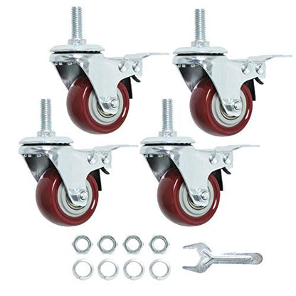 Finnhomy Swivel Caster Wheels 2 Inch Heavy Duty Threaded Stem Casters 3/8"-16x1 with Brake Set of 4 Premium Polyurethane Wheels PU Load Bearing 800 Lbs Anti-wear Smooth Casters, Red - style: 2 inch