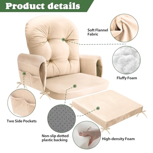 JZHLLA Glider Rocker Replacement Cushion Set with Storage Pockets Soft Flannel Fabric & High-Resilience Foam Non-Slip Back Rocking Chair Cushion for Living Room Rocking Chair(Beige) - color: Beige