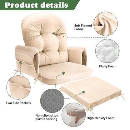 JZHLLA Glider Rocker Replacement Cushion Set with Storage Pockets Soft Flannel Fabric & High-Resilience Foam Non-Slip Back Rocking Chair Cushion for Living Room Rocking Chair(Beige) - color: Beige