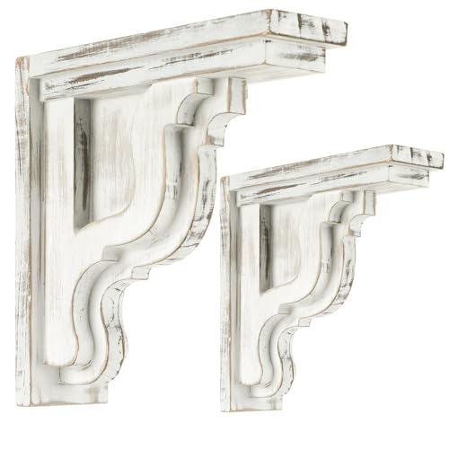 DoubleFill 2 Pcs Wood Corbels for Shelves Wood Corbels Trim Molding Decorative Shelf Brackets Vintage White Shabby Rustic Shelf Farmhouse Decor 6 H X1.7 W for Kitchen Cabinet Bookshelves Shelving