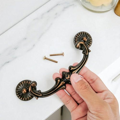 Antique Brass Drop Bail Pulls 5 Inch Hole Spacing – Vintage Handle for Dresser, Cabinet, Wardrobe – 128mm C-C Bail Pull, Bronze Metal Hardware, Shabby Chic Floral Knobs Replacement