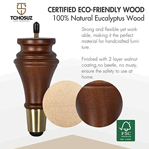 6 inch Solid Wood Furniture Spool Legs with Gold Caps, 4PCS Walnut - color: Walnut, size: 6"/ 15cm