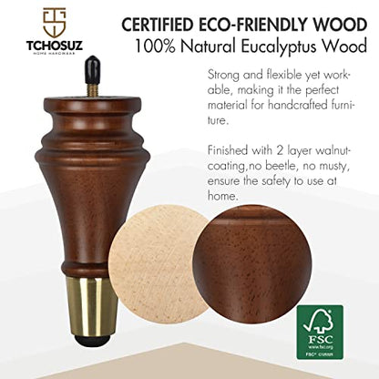 6 inch Solid Wood Furniture Spool Legs with Gold Caps, 4PCS Walnut - color: Walnut, size: 6"/ 15cm
