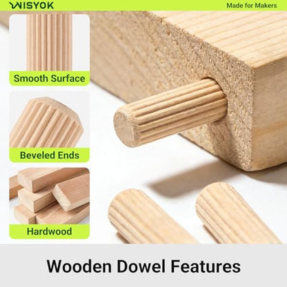 WISYOK 300Pcs Wooden Dowels, 8 Sizes, 1/4,5/16,3/8 in - size: 8 Size-300pcs