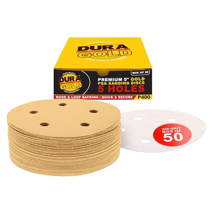 Dura-Gold 5" Gold Sanding Discs, 400 Grit, Box of 50, 5 Hole Pattern, H & L - size: 400 Grit