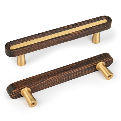 SALISENG-Solid Brass and Wooden Kitchen Cabinet Pulls, 5 Pack 3-3/4 Inch Brass Dresser Drawer Handles, Modern Furniture Hardware Pulls for Bathroom Bedroom Living Cabinets - size: 3-3/4 Inch Hole Centers