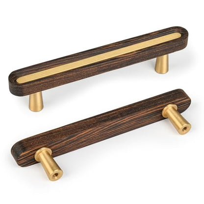 SALISENG-Solid Brass and Wooden Kitchen Cabinet Pulls, 5 Pack 3-3/4 Inch Brass Dresser Drawer Handles, Modern Furniture Hardware Pulls for Bathroom Bedroom Living Cabinets - size: 3-3/4 Inch Hole Centers