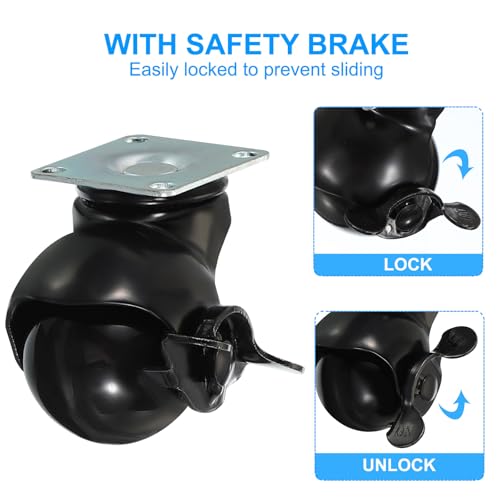 PATIKIL 1.5 Inch Ball Caster Wheels with Brake, 4 Pack 360° Rotating Swivel Top Plate Wheels 298 lbs Total Capacity Locking Caster with M4 Screws for Furniture Table Cabinet Black - color: Black, size: 1.5 Inch