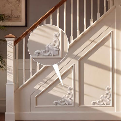 4 Pcs PVC Decorative Corner Onlay Appliques White Baroque Molding 3.1 x 3.1 inches Elegant Unpainted Wall Trim for Furniture Cabinet Door DIY Home Decor - style: Baroque