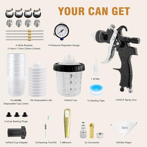 HVLP Spray Gun Premium Kit, Automotive Paint Gun 1.4/1.7/2.0/2.5mm Nozzles - color: Black