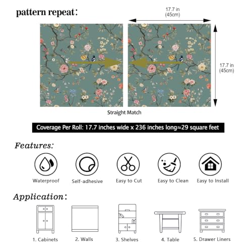 CHIHUT Bird Floral Wallpaper Peel and Stick Chinoiserie Contact Paper - color: Dusty Teal Blue, size: 17.7" x 236"