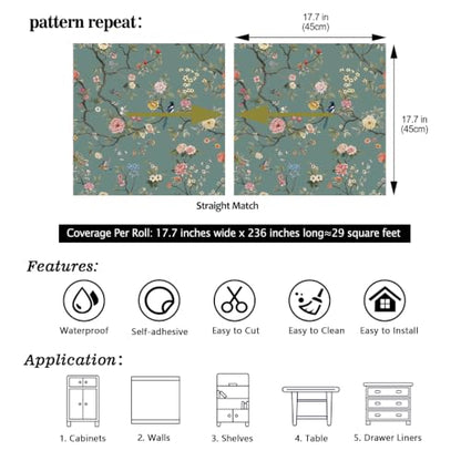 CHIHUT Bird Floral Wallpaper Peel and Stick Chinoiserie Contact Paper - color: Dusty Teal Blue, size: 17.7" x 236"
