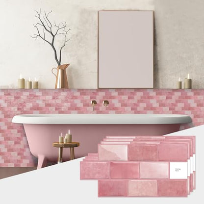 Alwayspon 6x12inchx10Pcs Self Adhesive Wall Tile Sticker, Peel and Stick Adhesive Waterproof Backsplash Stick on Tile Decals for Kitchen Bathroom Wall, Pink - color: Pink