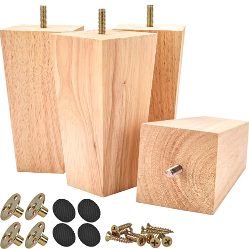 5 Inch / 12cm Wooden Furniture Legs, Set of 4 Solid Wood Mid-Century Modern Pyramid Replacement Feet, Square Sofa Legs with 5/16" Bolts & Anti-Slip Pads for Ottoman Table Dresser Unfinished - color: Unfinished, size: 5"/12cm