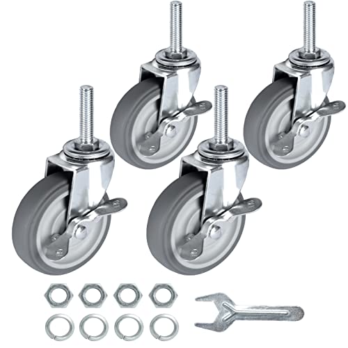 Finnhomy Caster Wheels 3 Inch Set of 4 Heavy Duty Threaded Stem Casters 3/8"-16x1-1/2 Swivel Rubber Industrial Castors Locking Wheels for Wire Shelving/Furniture/Carts Load Bearing 720 Lbs Gray - size: 3/8" -16 x 1-1/2" (with Brake)