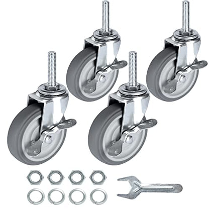 Finnhomy Caster Wheels 3 Inch Set of 4 Heavy Duty Threaded Stem Casters 3/8"-16x1-1/2 Swivel Rubber Industrial Castors Locking Wheels for Wire Shelving/Furniture/Carts Load Bearing 720 Lbs Gray - size: 3/8" -16 x 1-1/2" (with Brake)