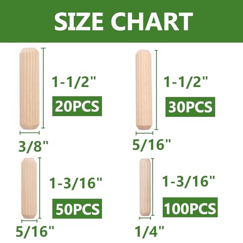 230Pcs Wooden Dowel Pins 1/4 3/8 5/16 Inch Fluted Wood Dowels Rods Pegs Assortment for Furniture Woodworking DIY Crafts - size: 4 sizes-230pcs