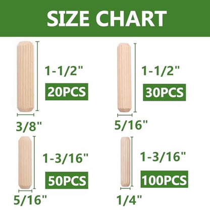 230Pcs Wooden Dowel Pins 1/4 3/8 5/16 Inch Fluted Wood Dowels Rods Pegs Assortment for Furniture Woodworking DIY Crafts - size: 4 sizes-230pcs
