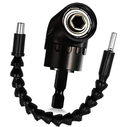 Right Angle Drill Attachment 1/4inch Hex Shank Right Angle Screwdriver Drill Bit Holder 105 Degree Drill Bit Extension Socket Adapter+ Flexible Drill Bit Extension-BLACK