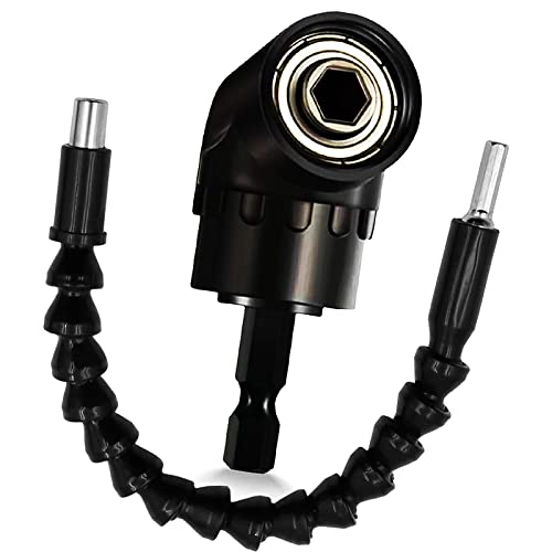 Right Angle Drill Attachment 1/4inch Hex Shank Right Angle Screwdriver Drill Bit Holder 105 Degree Drill Bit Extension Socket Adapter+ Flexible Drill Bit Extension-BLACK