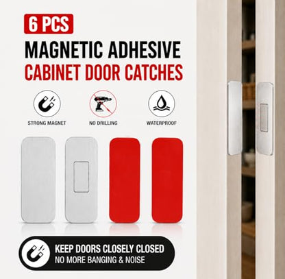6 Pack Magnetic Cabinet Door Catch, No Drill Adhesive Magnets for Cabinet Doors, Strong Magnetic Closure for Closets, Kitchen Doors, and Shower Doors
