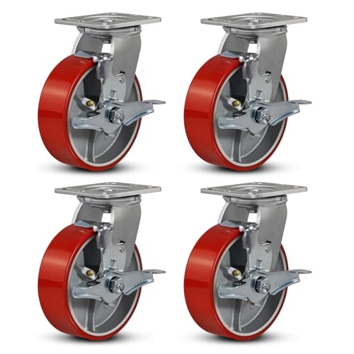 6"x2" Industrial Casters- Heavy Duty casters,Polyurethane Casters Wheel,Capacity up to 5000 Lb. Use for Platform Truck, U-Boat Cart,Workbenches(4 Brake) - style: 6 inch