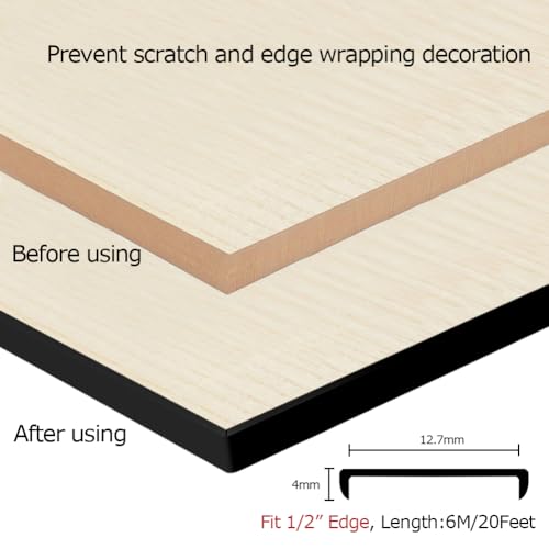 U Shape Plywood Edge Banding - Fit 1/2 inch Edge, Self-Adhesive Edge Trim for Desk, Table, Countertop, Furniture, Black, 20Ft - color: Black, size: 1/2inch (20Ft)