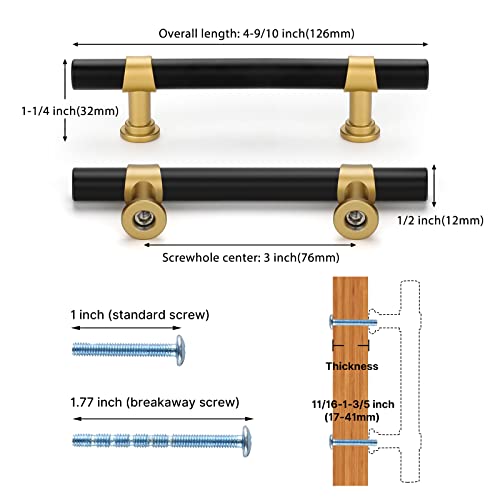 Haliwu 10 Pack 3in Black and Gold Cabinet Handles for Kitchen Drawers - color: Black & Matte Gold, size: 76mm (3 inch) Hole Center Spacing