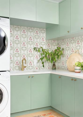 Boho Floral Peel and Stick Wallpaper Green and Pink Self Adhesive Wallpaper - color: Green and Pink