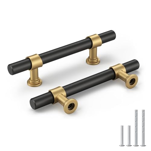 Goldenwarm 10 Pack Black and Gold Cabinet Pulls, 3 Inch T Bar Handles - color: Black&Gold, size: 3 in Hole Center (76mm)