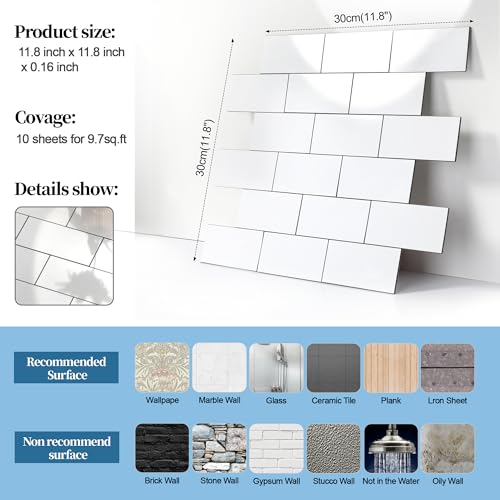 2026 New Upgrade Peel and Stick Backsplash Tile, Peel and Stick 11.34" X 11.57" Wall Tile for Kitchen, Bathroom, Fireplace, Laundry (Polished Marble White, 10 Packs) - color: Polished Marble White