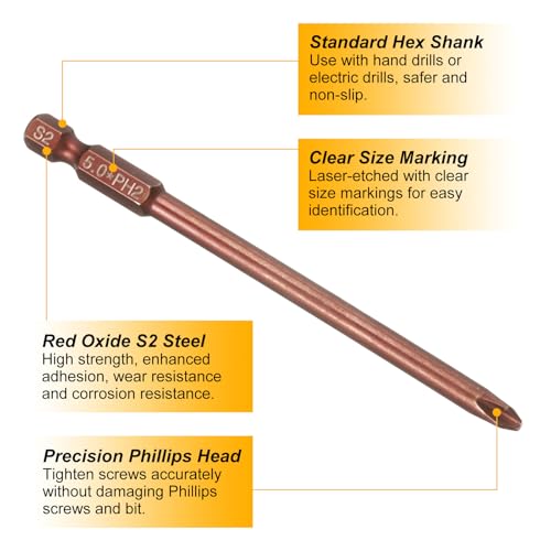 HARFINGTON 5pcs #2 Phillips Screwdriver Bit PH2 1/4" Hex Shank 4" (100mm) Long 0.2" Rod Magnetic Cross Head Drive Drill Bits S2 Steel Industrial Screw Driver Electric Power Tool, Brown - size: PH2 x 4" x 0.2"
