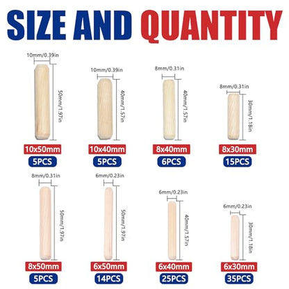 8 Values Wood Dowels Kit 1/4 3/8 5/16 Inch Fluted Wooden Dowel Pins Pegs Hardware Pins Fluted Wood Dowels for Furniture Woodworking DIY Crafts (Pack of 110Pcs)