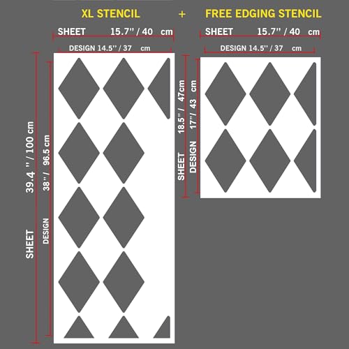 PINKIPO®, Harlequin Design, (16""x40"") XL Stencil, Ethnic Large Wall Stencil, Classic Geometric Wall Stencils for Painting, Stencils for Walls, Simple Wall Stencil, Milky White